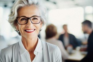 Woman with dentures at an office